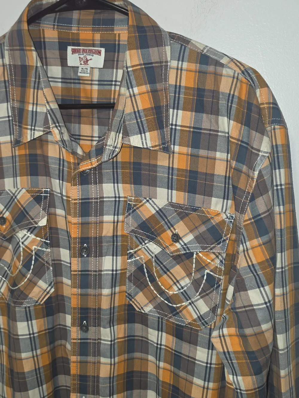 True Religion Men's Orange Plaid Long Sleeve Utility Button Down Shirt Size XL